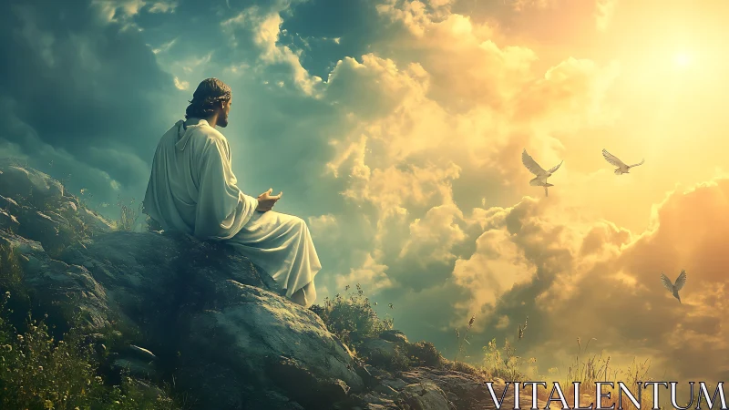 Figure in white robe sits on rocky slope under bright sky