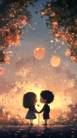 Two silhouetted children hold hands beneath glowing balloons in surreal sunset.