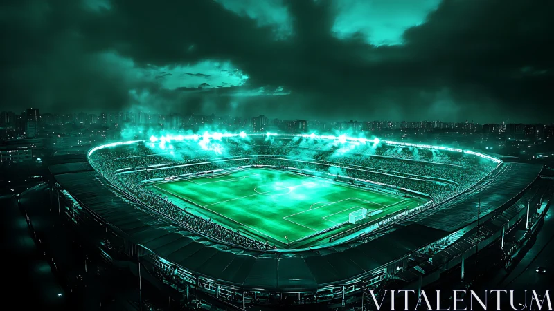 Electric night match in a glowing emerald football arena.