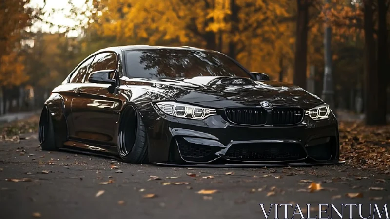 Low-slung midnight coupe prowls through autumn silence