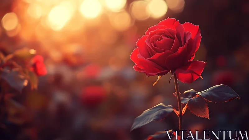 Red rose photographed against warm-toned blurred background.