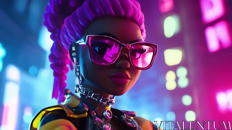Cyberpunk portrait of neon-lit heroine in stylized 3D render.
