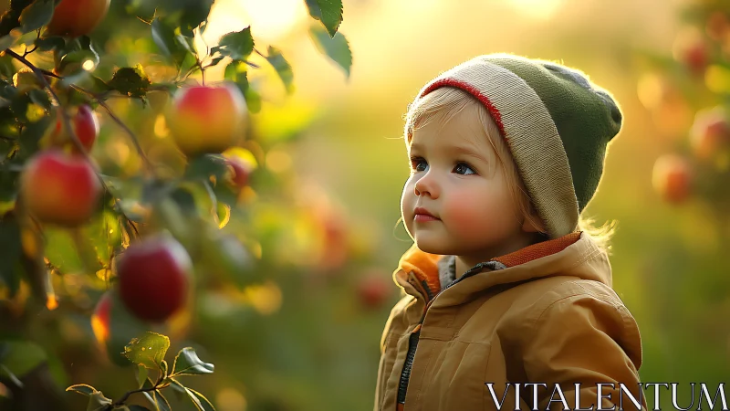 Child gazing at ripe apples in golden autumn orchard light.