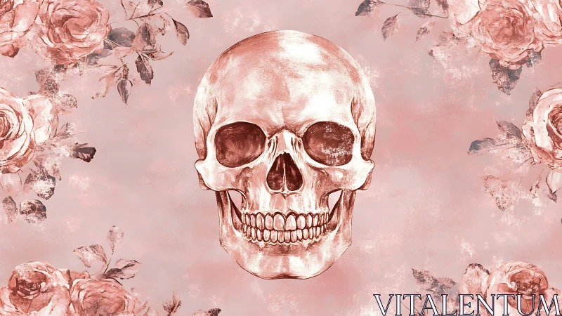 Human skull illustration is centered on a patterned floral field
