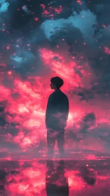 Stargazing soul stands quietly within glowing cosmic clouds