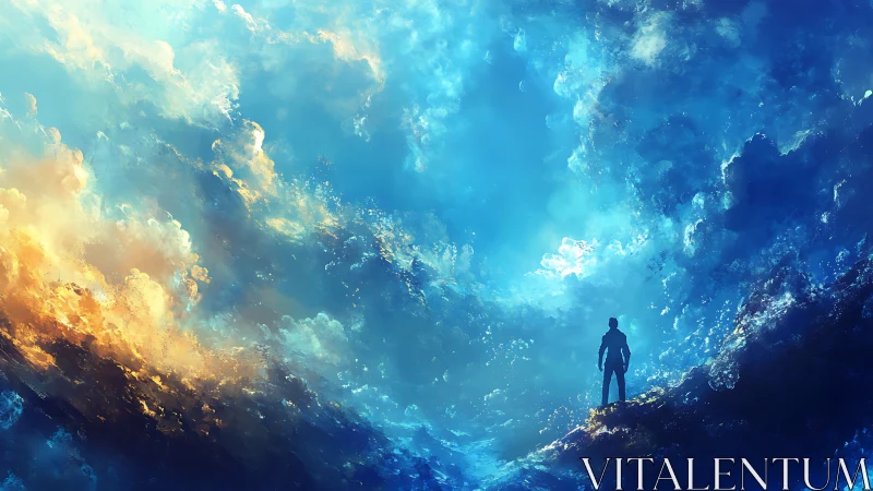 Solitary human figure stands beneath expansive cloud formations