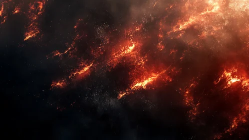 Lava flows and volcanic fire streams across dark landscape