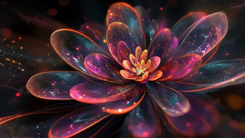 Galactic petal bloom spinning in neon cosmic twilight.