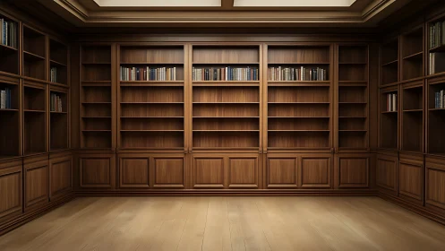 Empty wooden home library with built in wall bookshelves.