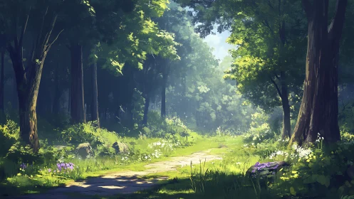 Luminous forest pathway with towering trees and dappled sunlight through verdant canopy.