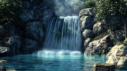 Digital render shows waterfall cascading into clear blue pool