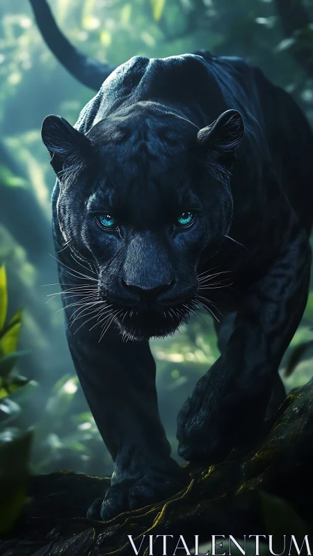 Black Panther with Turquoise Eyes in Jungle.