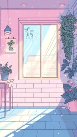 Sunlit pastel balcony interior with lush hanging greenery.