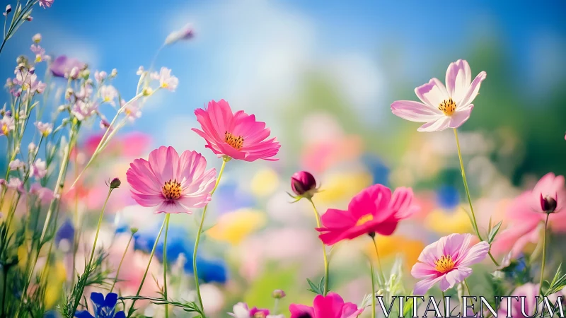 Cosmos Dance: Pink & Cream Petals Swaying Against Azure.