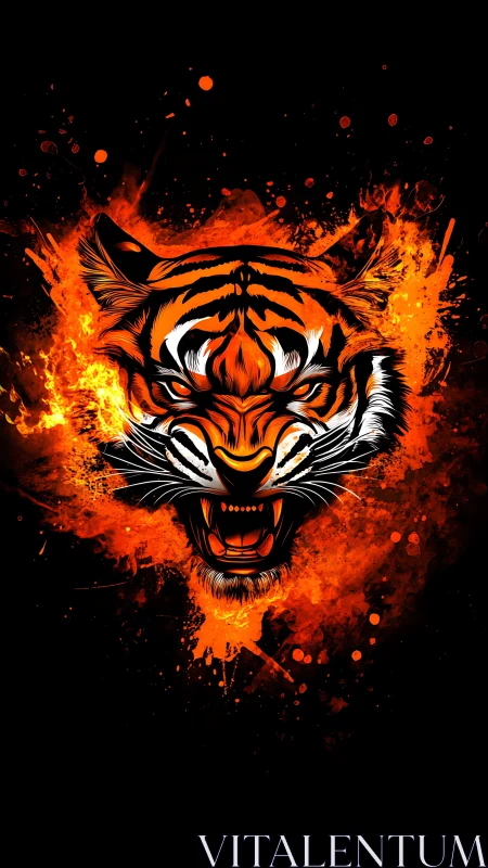 Fiery tiger head roars from blazing abstract splatter.