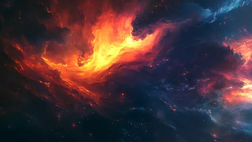 Stellar nebula vortex with fiery plasma clouds in deep space.