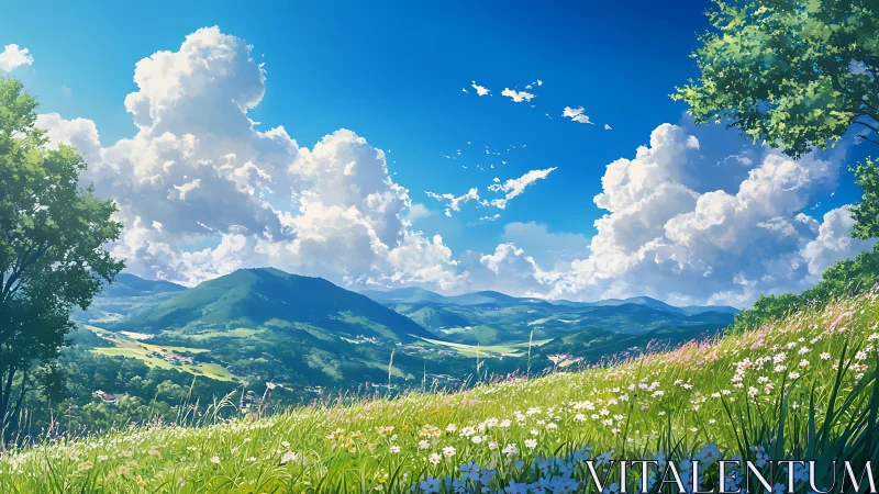 Sky-drenched meadow dreaming over rolling emerald valleys.