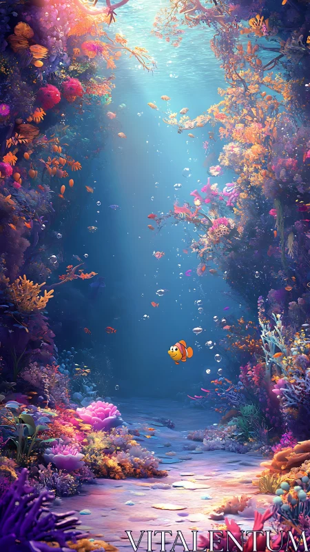 Cartoon clownfish swims through dense colorful coral canyon