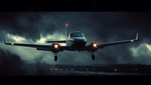 Twin-engine aircraft landing through dramatic storm clouds.