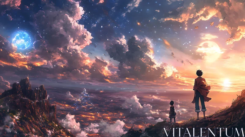 Celestial horizon vista with twin observers at sunset sky.