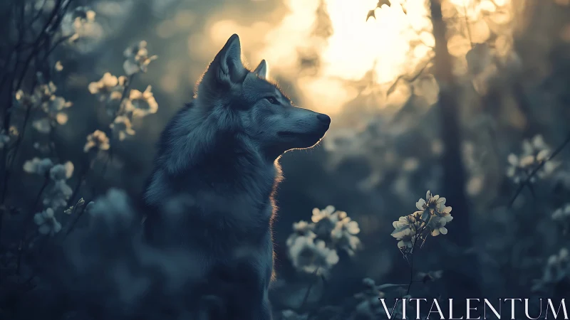 Wolf profile in soft dusk forest with pale blossoms.