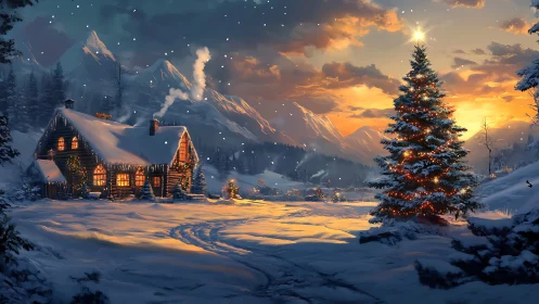 Snow-covered cabin and lit tree in winter mountain valley.