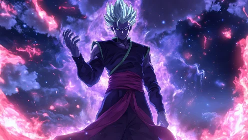 White-haired warrior commands cosmic flames in void sky