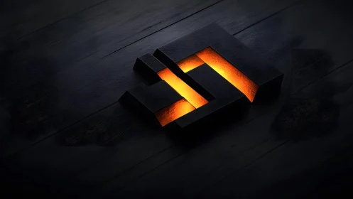 Geometric black 3D logo with glowing orange core on wood background.