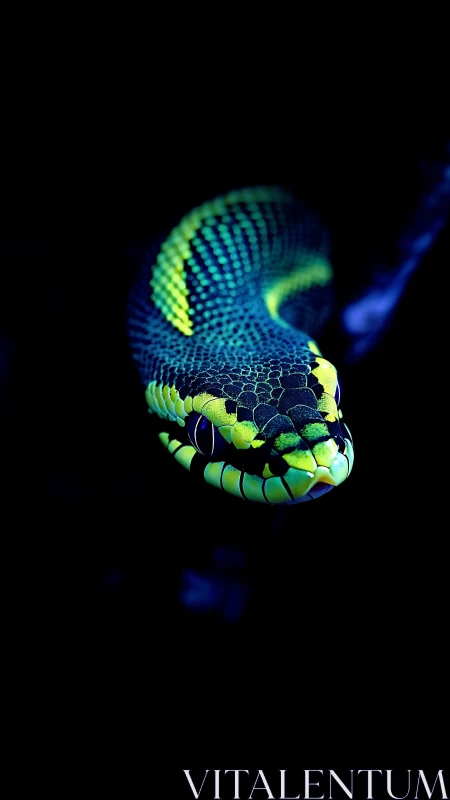 High-contrast macro view isolates neon-scaled snake in darkness