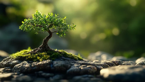 Solitary bonsai tree rises from mossy rock in soft light