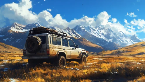Off-road SUV parked before distant snowcapped mountains.