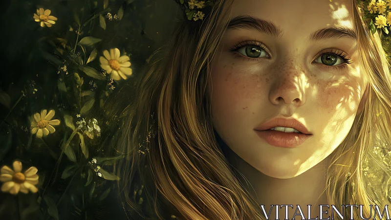 Sunlit freckled maiden in wildflower woodland glow.