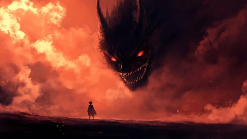 Lone warrior confronts colossal demonic face in burning sky