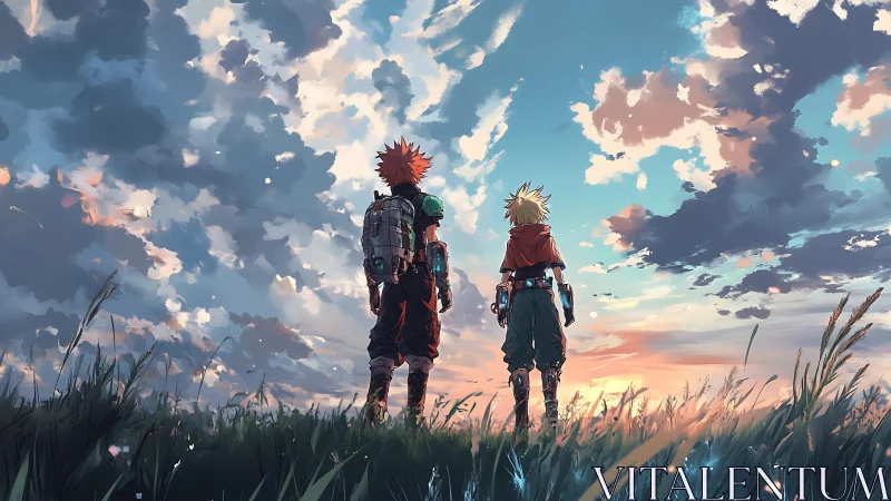Backlit anime duo in wide-angle grassland under dynamic cloudscape