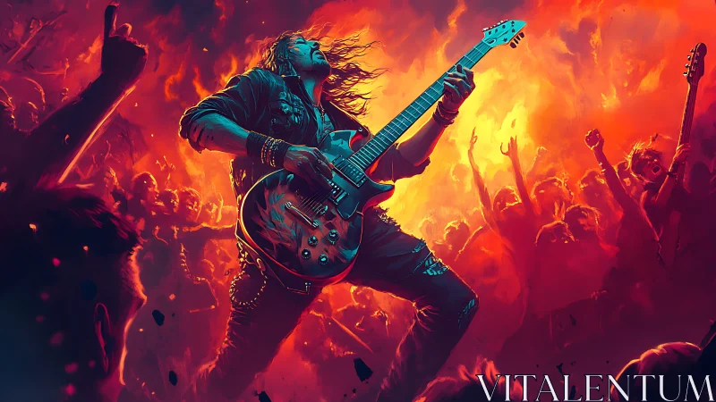 Lead guitarist silhouetted in fiery crowd-lit rock concert inferno