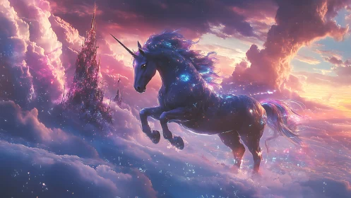 Glowing cosmic unicorn galloping through vivid sky clouds.
