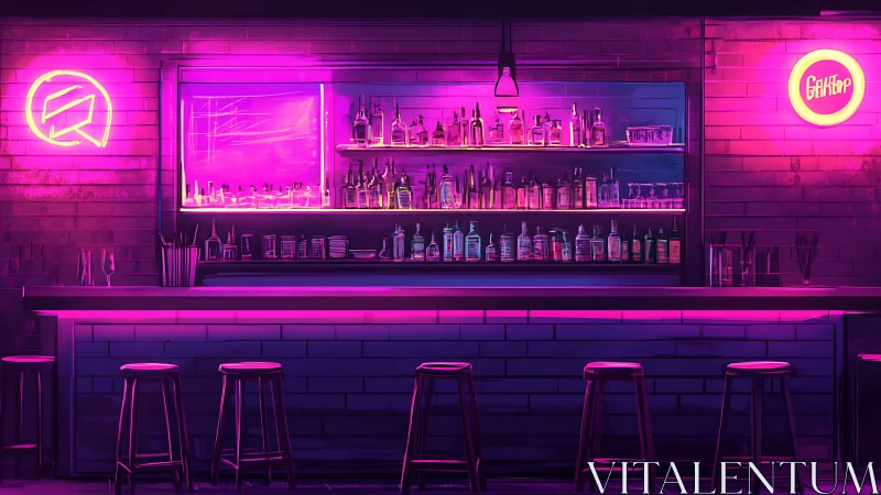 Neon-lit cyber bar glows with saturated magenta ambience.