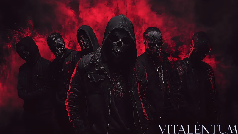 Hooded skull-masked figures in dramatic red smoke formation.