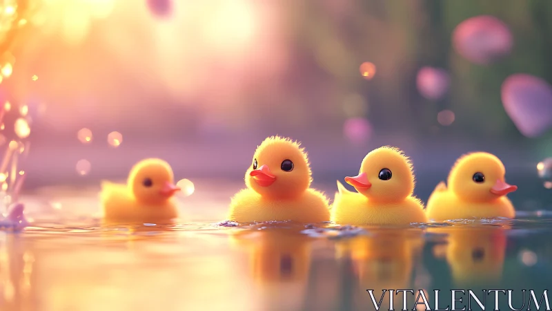 Cute yellow ducklings swimming in soft sunset light.