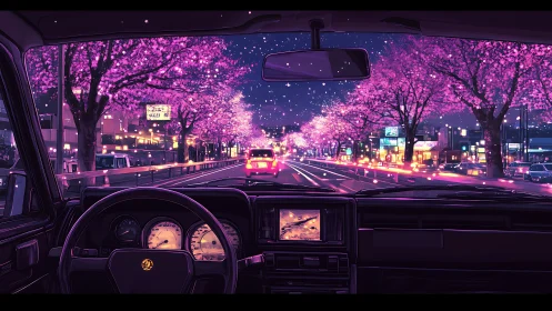 Nighttime drive glows beneath neon-lit cherry blossoms