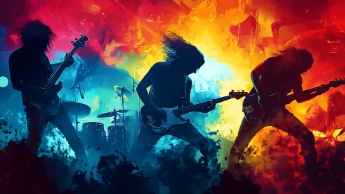 Silhouetted rock band against fiery cyan and orange nebular backdrop