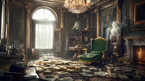 Opulent library lounge rests in dust and golden light.