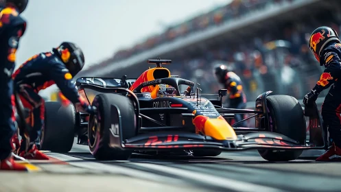 Pit lane thunderstorm as racing beast meets precision ballet.