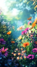 Vibrant Garden Path Through Colorful Wildflowers at Golden Hour.