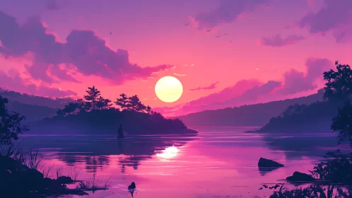 Sunset over calm lake with silhouetted trees and figure.