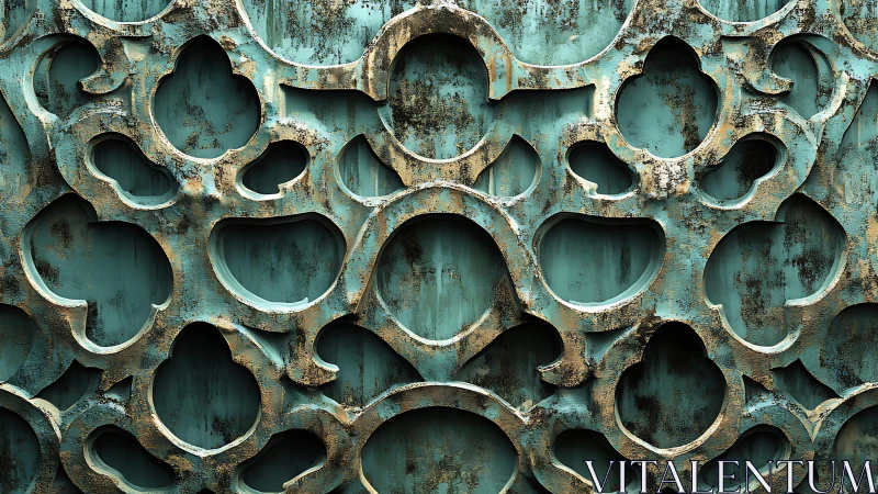 Weathered turquoise ornamental metal grille with vintage texture.