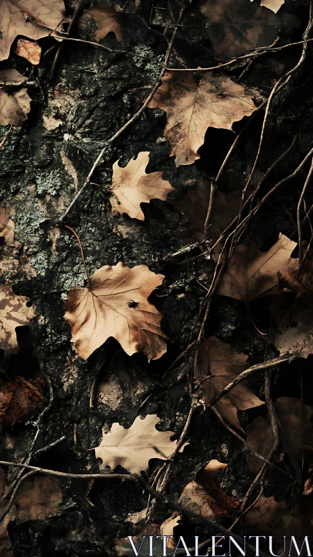 Dry fallen leaves and thin branches on dark forest soil.