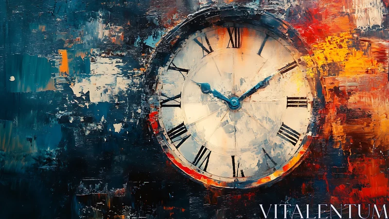 Large clock face against bold abstract textured background.