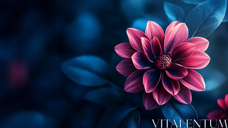 Crimson Dahlia Against Neon Blue Darkness.