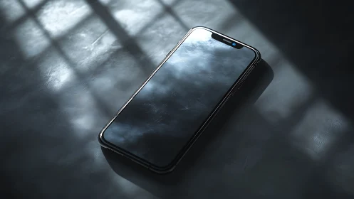 Smartphone on industrial surface with window light casting geometric shadows